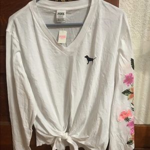 SOLD!!! PINK V-neck Floral Tie Front Tee - Small